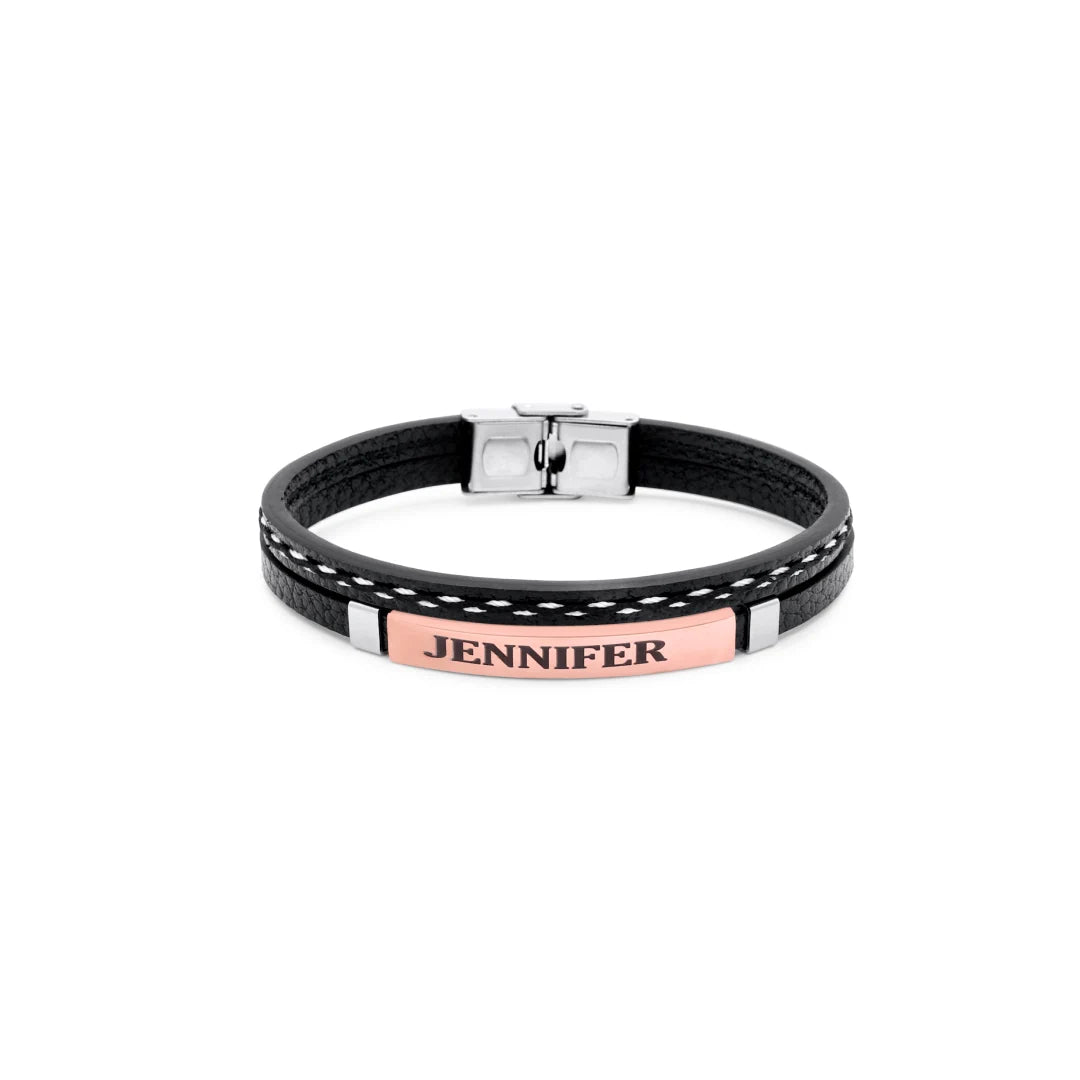Rose Stainless Steel & Leather Stitched Engravable Bracelet
