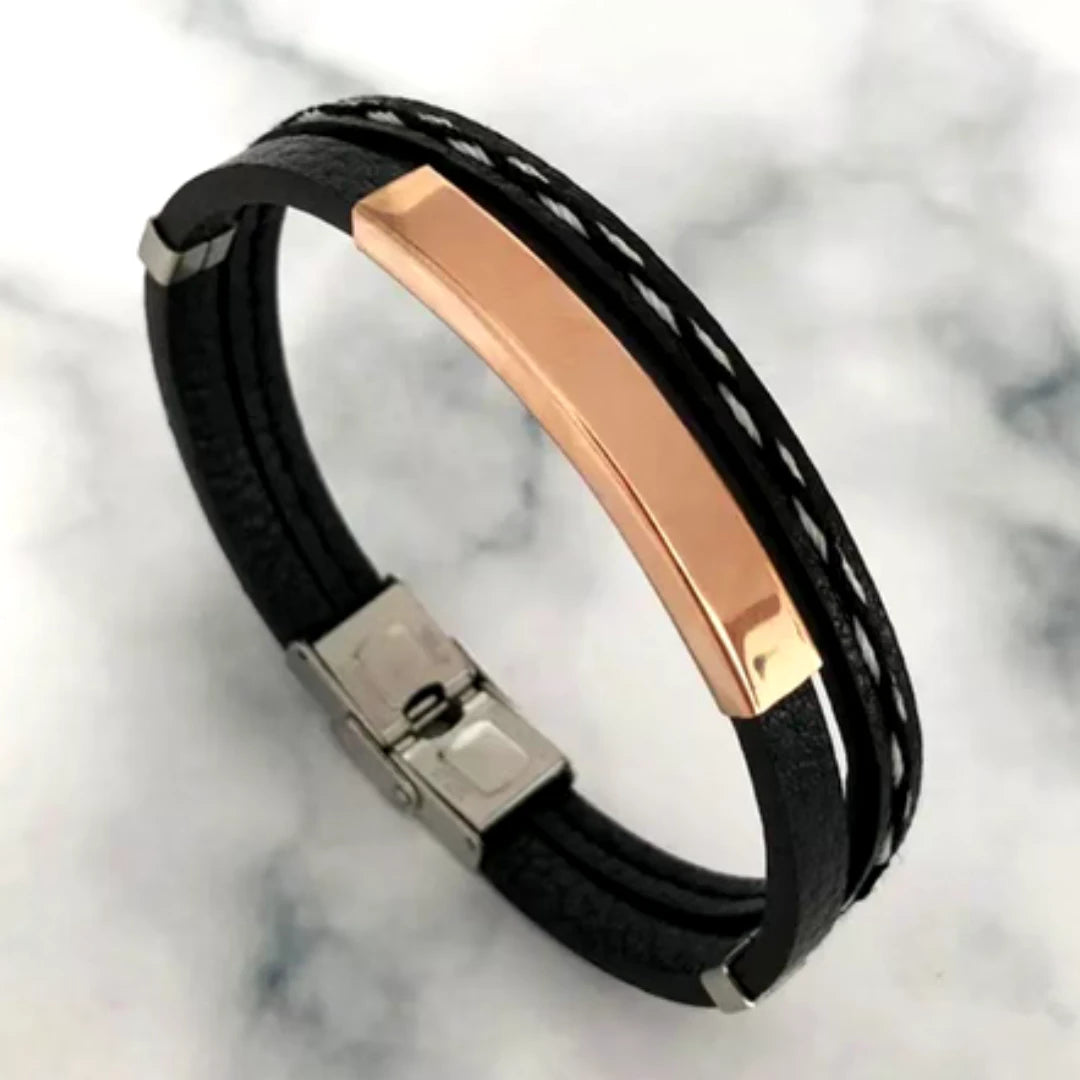 Rose Stainless Steel & Leather Stitched Engravable Bracelet