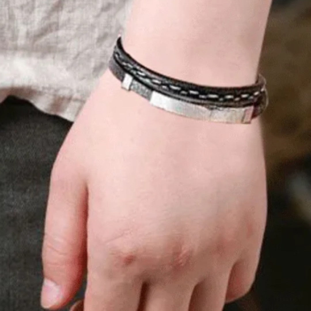 Rose Stainless Steel & Leather Stitched Engravable Bracelet