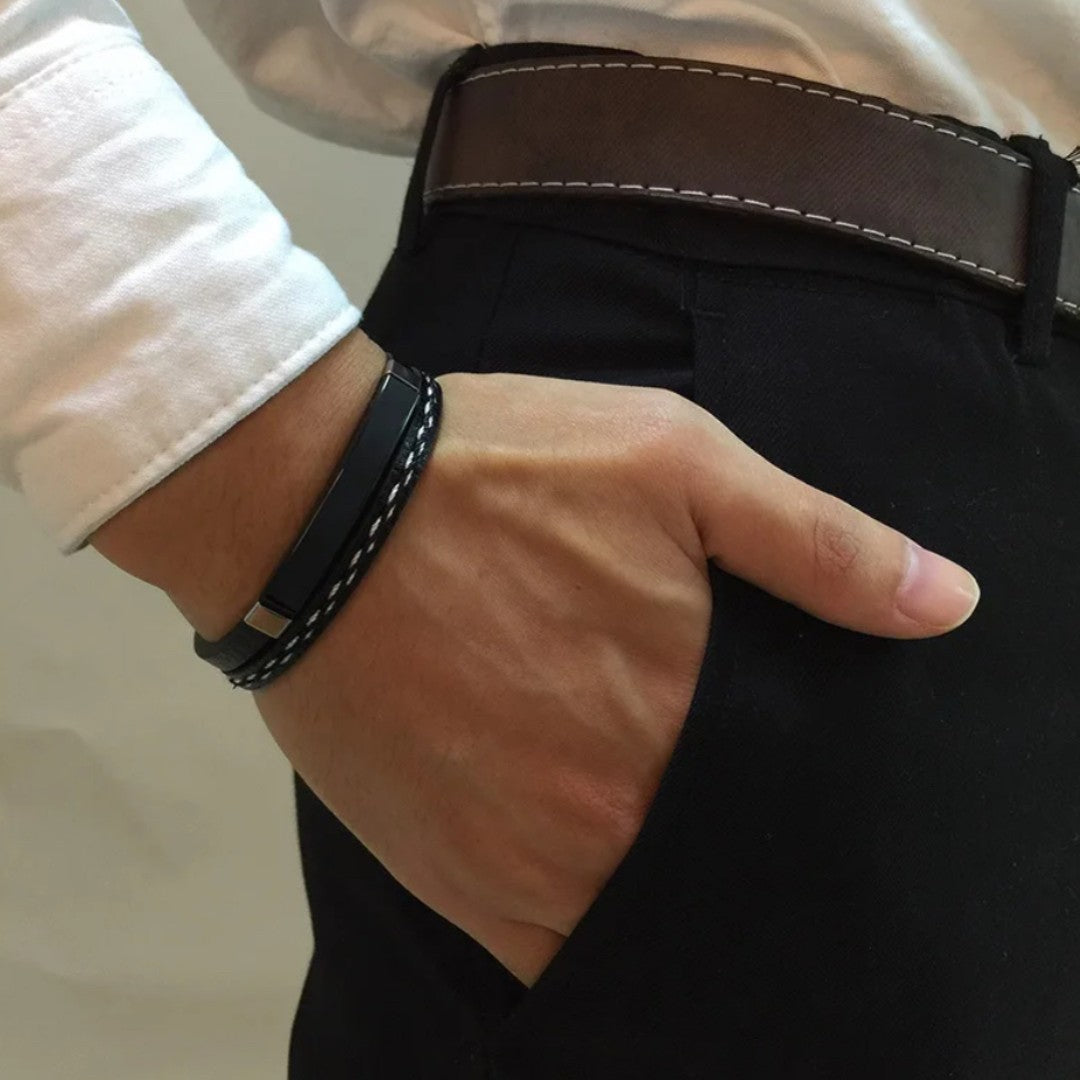 Rose Stainless Steel & Leather Stitched Engravable Bracelet